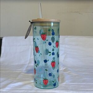 Reusable Strawberry & Blueberry Print Glass Tumbler with Bamboo Lid/ straw 20oz